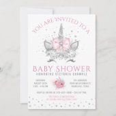 Roze en Zilveren Diamanten Eenhoorn Baby shower Kaart (Voorkant)