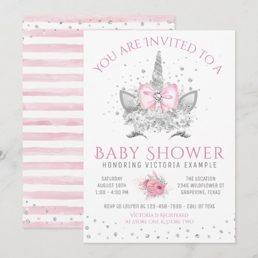 Roze en Zilveren Diamanten Eenhoorn Baby shower Kaart (Voorkant / Achterkant)