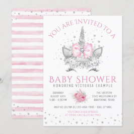 Roze en Zilveren Diamanten Eenhoorn Baby shower Kaart