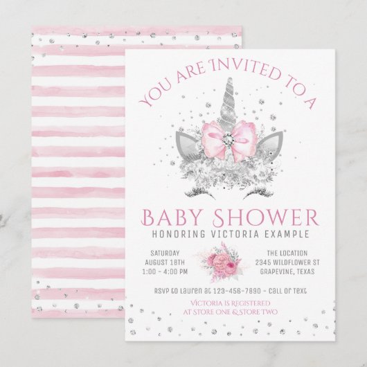 Roze en Zilveren Diamanten Eenhoorn Baby shower Kaart (Voorkant / Achterkant)