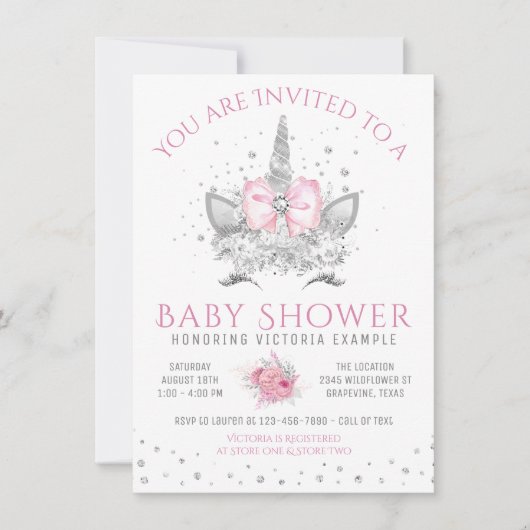 Roze en Zilveren Diamanten Eenhoorn Baby shower Kaart (Voorkant)