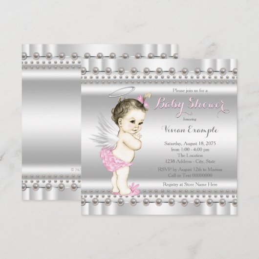 Roze en Zilveren Engel Baby shower Kaart (Voorkant / Achterkant)