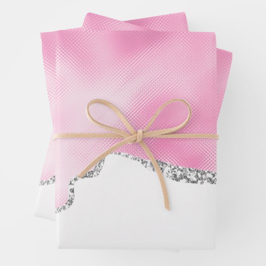 Roze en zilveren faux Glitter Border Stijlvol Inpakpapier Vel (In situ)