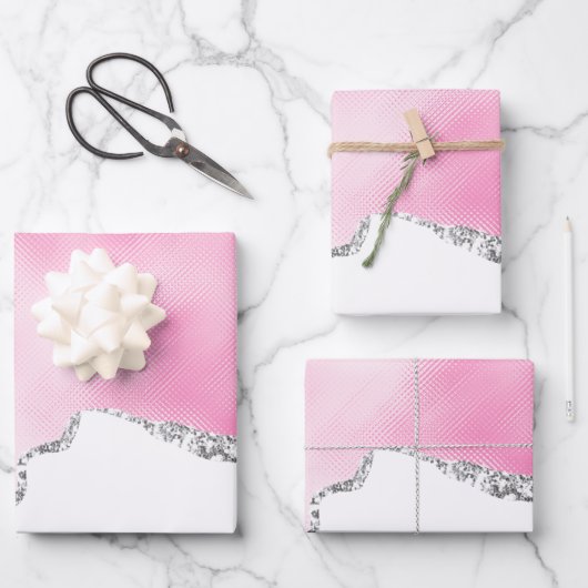 Roze en zilveren faux Glitter Border Stijlvol Inpakpapier Vel (Voorkant)