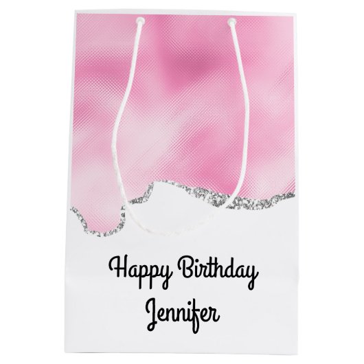 Roze en zilveren faux Glitter Border Stijlvol Medium Cadeauzakje (Achterkant)