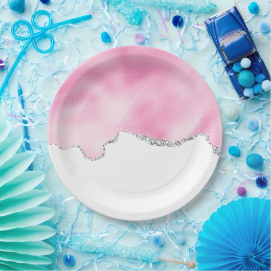 Roze en zilveren faux Glitter Border Stijlvol Papieren Bordje (Feest)