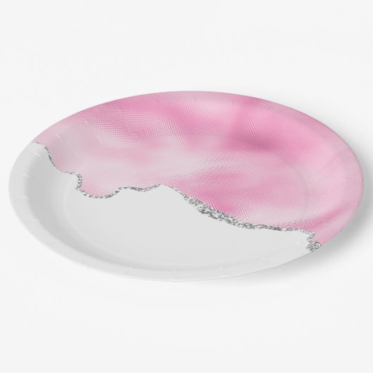 Roze en zilveren faux Glitter Border Stijlvol Papieren Bordje (Gekanteld)