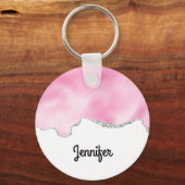 Roze en zilveren faux Glitter Border Stijlvol Sleutelhanger (Voorkant)