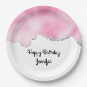 Roze en zilveren faux Glitter Border Stylish Birth Papieren Bordje (Voorkant)