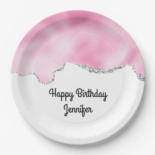 Roze en zilveren faux Glitter Border Stylish Birth Papieren Bordje (Voorkant)