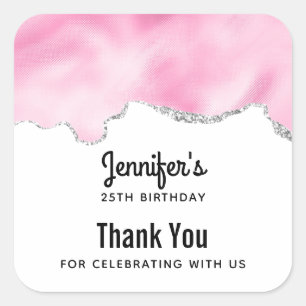 Roze en zilveren faux Glitter Border Stylish Birth Vierkante Sticker