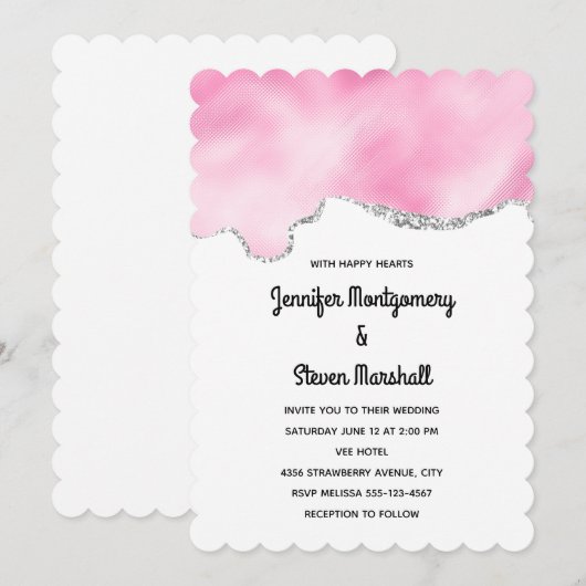 Roze en zilveren faux Glitter Border Stylish Weddi Kaart (Voorkant / Achterkant)