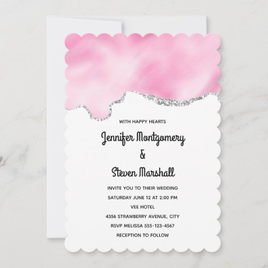 Roze en zilveren faux Glitter Border Stylish Weddi Kaart (Voorkant)