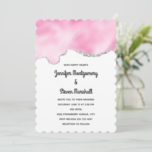 Roze en zilveren faux Glitter Border Stylish Weddi Kaart (Staand voorkant)