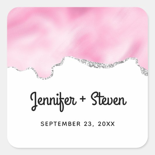 Roze en zilveren faux Glitter Border Stylish Weddi Vierkante Sticker (Voorkant)