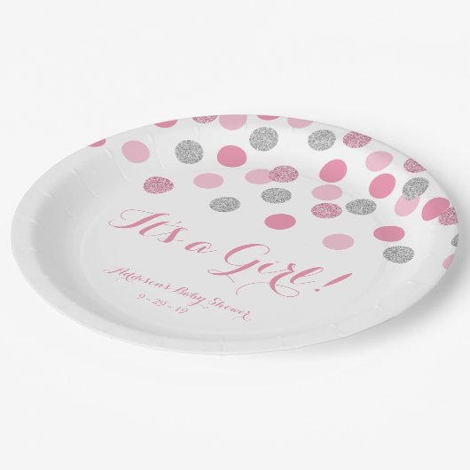 Roze en Zilveren Glitter Baby shower Papieren Bord (Gekanteld)