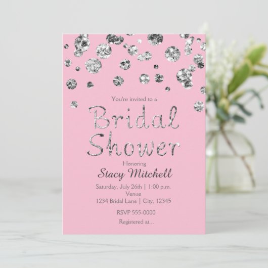 Roze en Zilveren Glitter Bruidsdouche Uitnodiging (Staand voorkant)