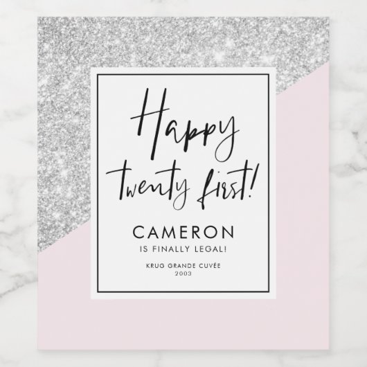 Roze en Zilveren Glitter Custom 21st Verjaardagsfe Wijn Etiket (Enkel label)