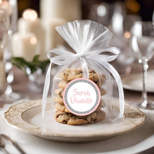 Roze en Zilveren Glitter Favor Sticker