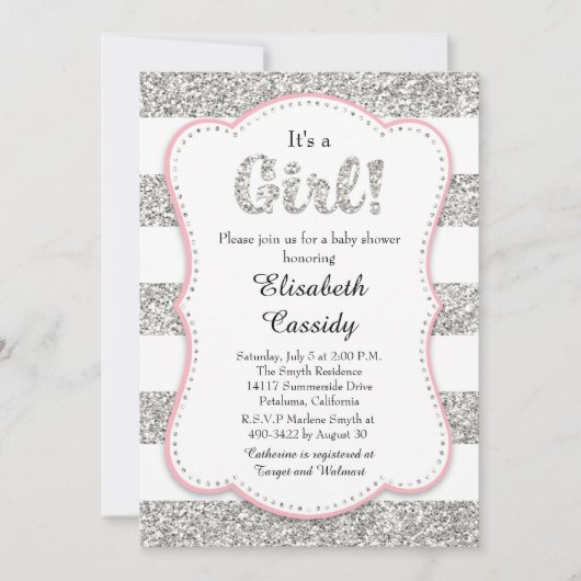 Roze en Zilveren Glitter Meisje Baby shower Invita Kaart (Voorkant)
