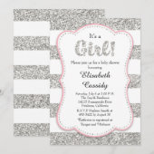 Roze en Zilveren Glitter Meisje Baby shower Invita Kaart (Voorkant / Achterkant)