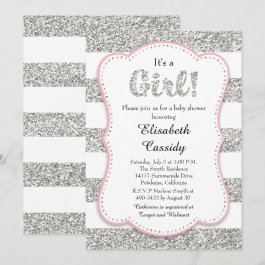 Roze en Zilveren Glitter Meisje Baby shower Invita Kaart (Voorkant / Achterkant)