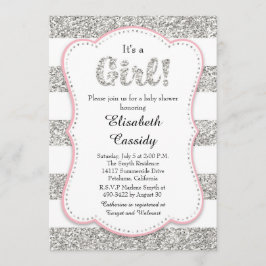 Roze en Zilveren Glitter Meisje Baby shower Invita Kaart