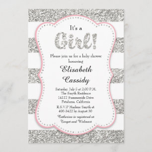 Roze en Zilveren Glitter Meisje Baby shower Invita Kaart