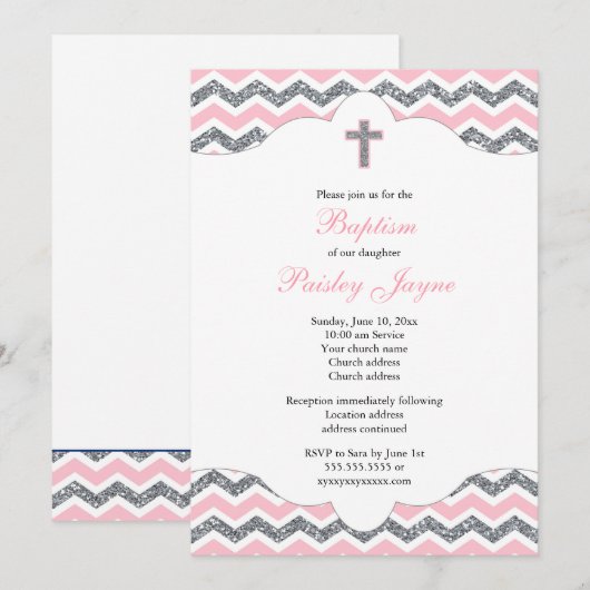 Roze en Zilveren Glitter Meisje Doop Doop Doop Kaart (Voorkant / Achterkant)