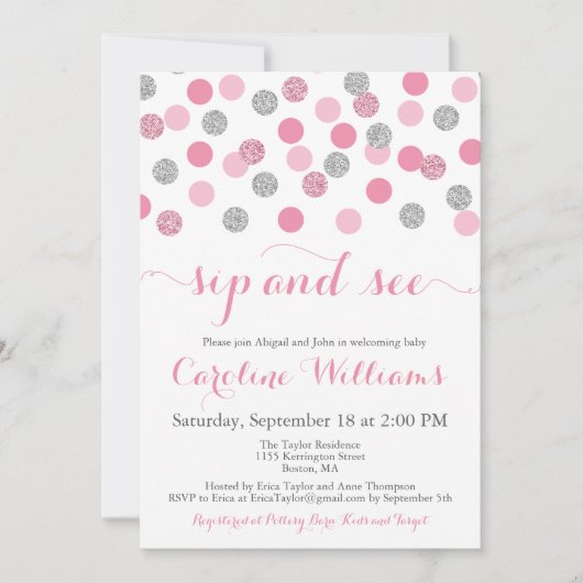 Roze en Zilveren Glitter Sip en Bekijk uitnodiging (Voorkant)