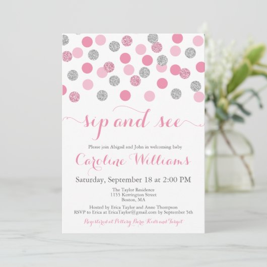 Roze en Zilveren Glitter Sip en Bekijk uitnodiging (Staand voorkant)