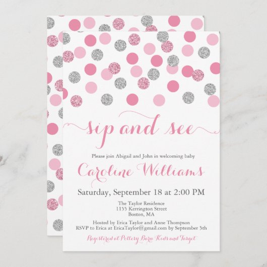 Roze en Zilveren Glitter Sip en Bekijk uitnodiging (Voorkant / Achterkant)