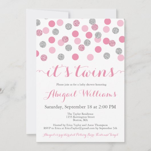 Roze en Zilveren Glitter Twins Baby shower Invites Kaart (Voorkant)