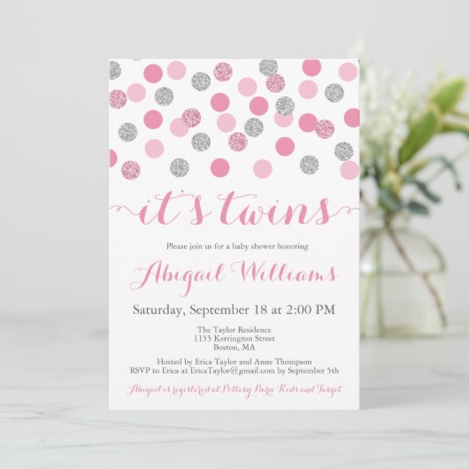 Roze en Zilveren Glitter Twins Baby shower Invites Kaart (Staand voorkant)