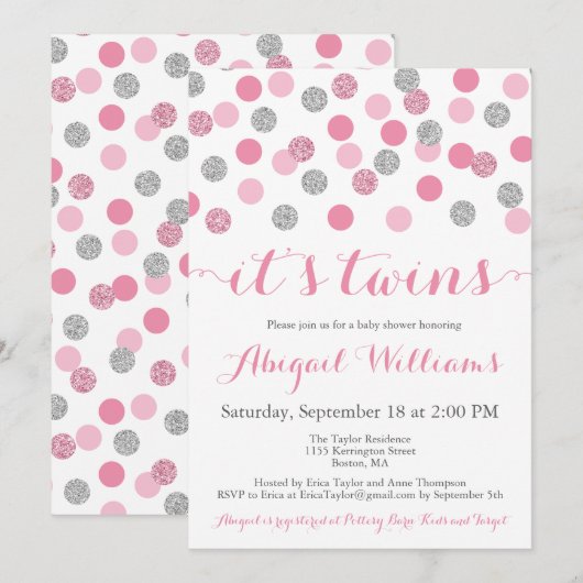 Roze en Zilveren Glitter Twins Baby shower Invites Kaart (Voorkant / Achterkant)