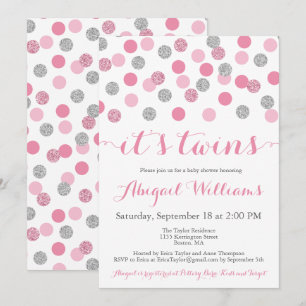 Roze en Zilveren Glitter Twins Baby shower Invites Kaart