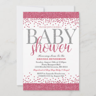 Roze en zilveren glitters baby shower uitnodiging