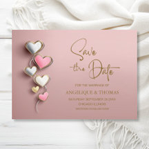 Roze en Zilveren Hartjes Huwelijk Save the Date