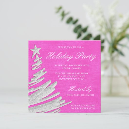 Roze en zilveren kerstboomfeestdag kaart (Staand voorkant)