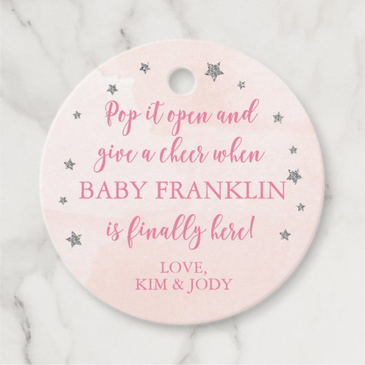 Roze en zilveren Pop die Mini Champagne opent Bedankjes Labels (Voorkant)