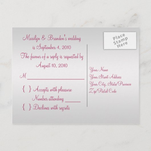 Roze en zilveren R.S.V.P. Briefkaart (Achterkant)