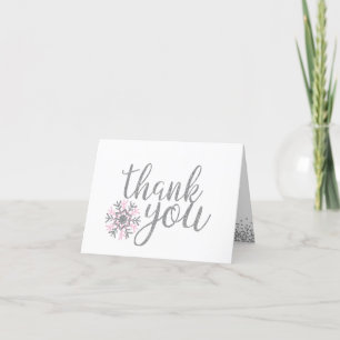Roze en zilveren sneeuwvlok baby shower bedankkaart