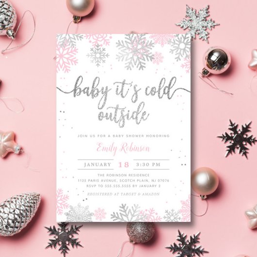 Roze en Zilveren Sneeuwvlok Winter Meisje Baby sho Kaart