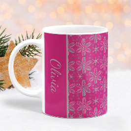 Roze en zilveren sneeuwvlokken Kerstmug met naam Koffiemok