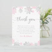 Roze en zilveren sneeuwvlokken Winter Meisje Baby  Bedankkaart (Staand voorkant)