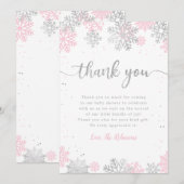 Roze en zilveren sneeuwvlokken Winter Meisje Baby  Bedankkaart (Voorkant / Achterkant)