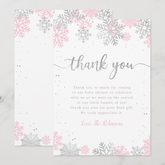 Roze en zilveren sneeuwvlokken Winter Meisje Baby  Bedankkaart (Voorkant / Achterkant)
