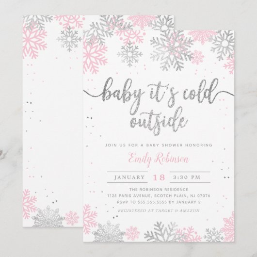 Roze en zilveren sneeuwvlokken Winter Meisje Baby  Kaart (Voorkant / Achterkant)