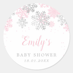 Roze en zilveren sneeuwvlokken Winter Meisje Baby  Ronde Sticker