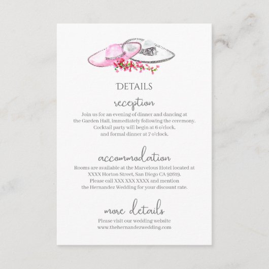 Roze en zilveren sombrero's met bloemenaccenten informatiekaartje (Voorkant)